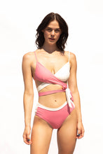 Load image into Gallery viewer, Sexy two-tone, pink and cream wrap bikini top with mid-waist bikini briefs. So comfy and supportive. The wrap allows you to tighten to any back size.
