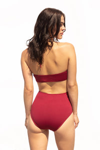 Halterneck, high-neck, burgundy bikini top is supportive, flattering for all shapes and is extremely comfortable. Matched with gorgeous high waist bikini briefs