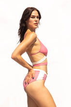 Load image into Gallery viewer, Sexy two-tone, pink and cream wrap bikini top with mid-waist bikini briefs. So comfy and supportive. The wrap allows you to tighten to any back size.
