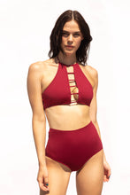 Load image into Gallery viewer, Halterneck, high-neck, burgundy bikini top is supportive, flattering for all shapes and is extremely comfortable. Matched with gorgeous high waist bikini briefs
