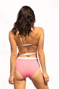 Sexy two-tone, pink and cream wrap bikini top with mid-waist bikini briefs. So comfy and supportive. The wrap allows you to tighten to any back size.